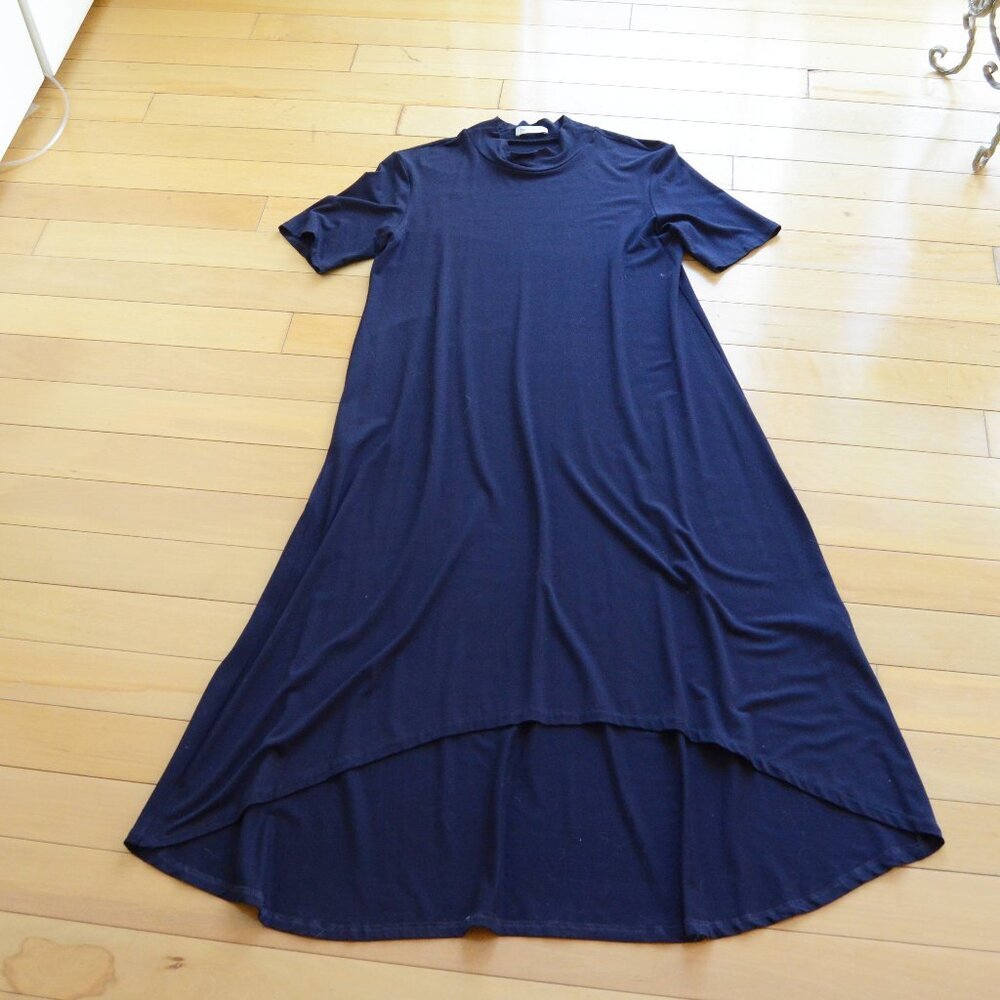 Travis Taddeo Cindy Navy Midi A-line Mock Neck High-Low Dress Size L Navy